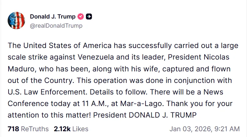 Donald Trump bejelentése Maduro és feleségének elfogásáról