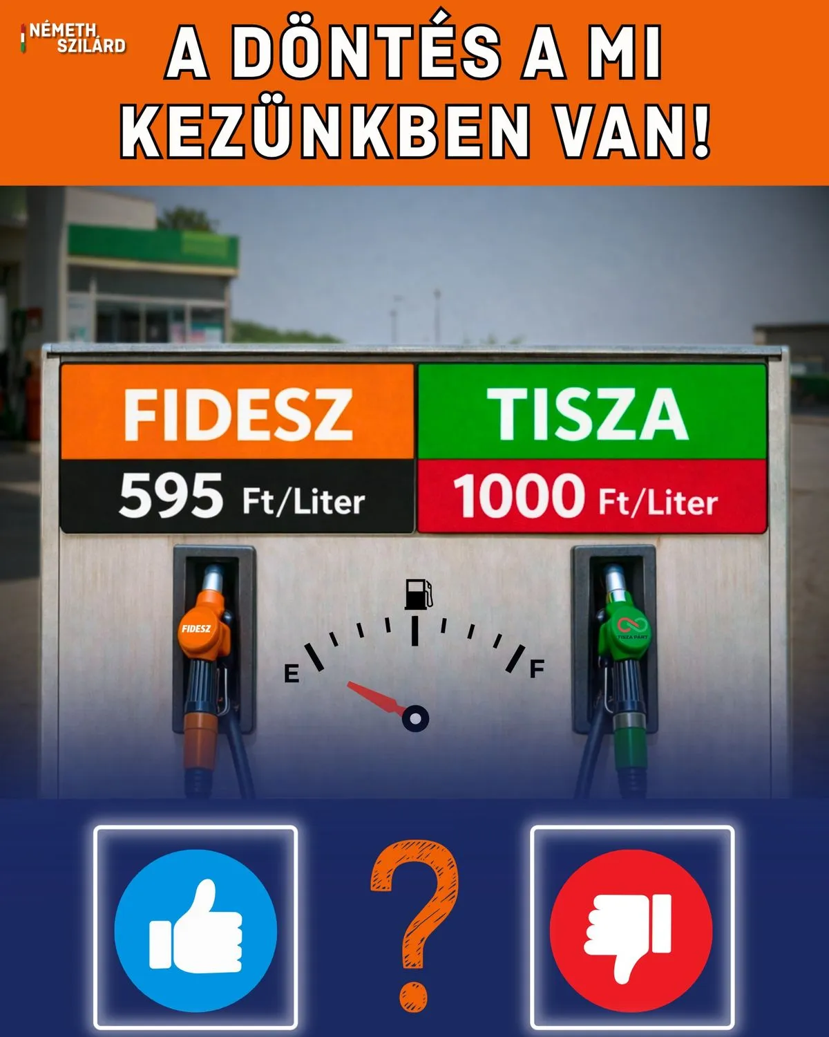 Németh Szilárd szerint a magyaroknak arról is dönteniük kell, vajon melyik benzinárat akarják fizetni április 12-e után