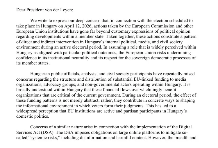 Az amerikai republikánus képviselők levele Ursula von der Leyennek, melyet Orbán Balázs is nyilvánosságra hozott